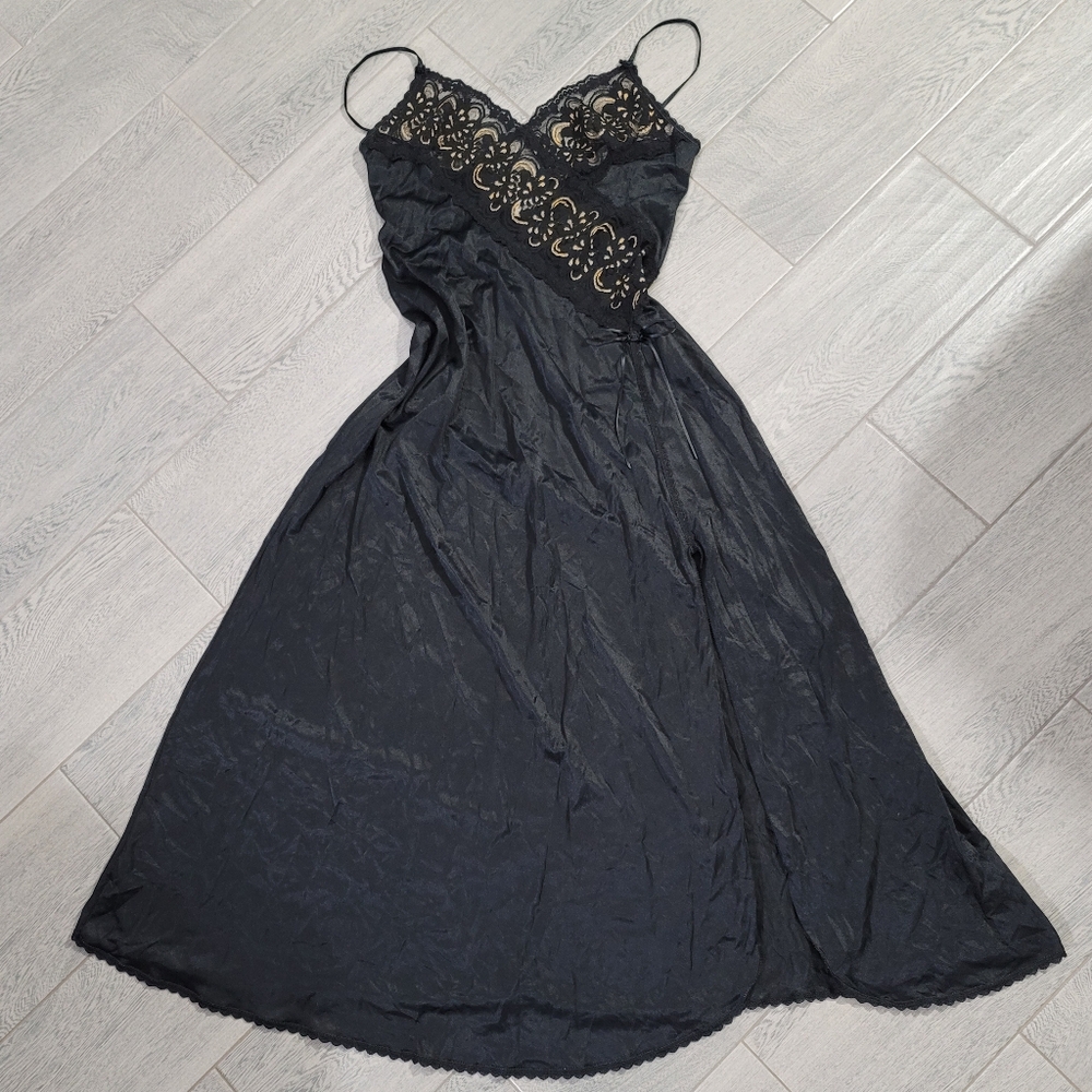 Vintage Slip Dress Maxi Lace Black Gold Y2K Sexy Bows Fashion Bug Size Large